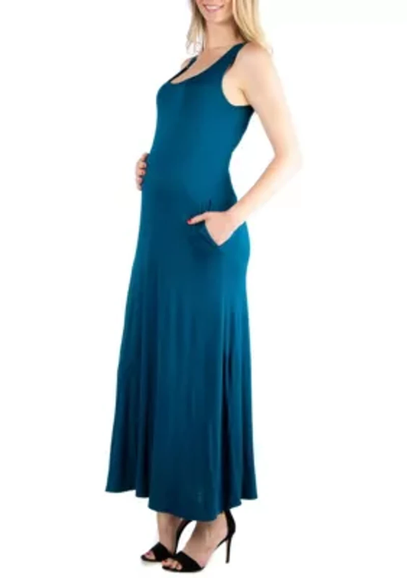 Scoop Neck Sleeveless Maternity Maxi Dress with Pockets