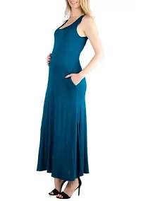 Scoop Neck Sleeveless Maternity Maxi Dress with Pockets