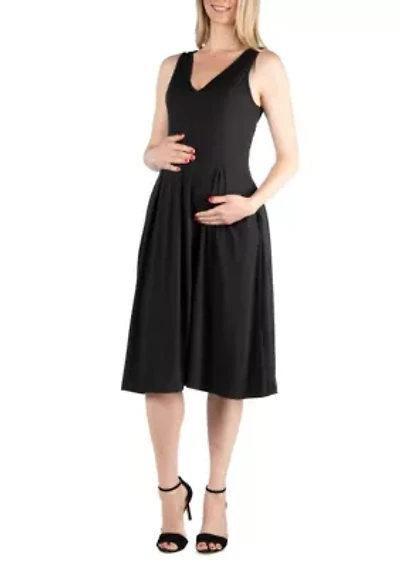Fit and Flare Sleeveless Maternity Midi Dress with Pockets