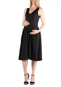 Fit and Flare Sleeveless Maternity Midi Dress with Pockets