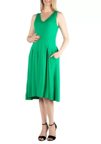Fit and Flare Sleeveless Maternity Midi Dress with Pockets