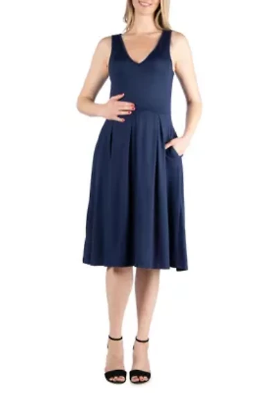 Fit and Flare Sleeveless Maternity Midi Dress with Pockets