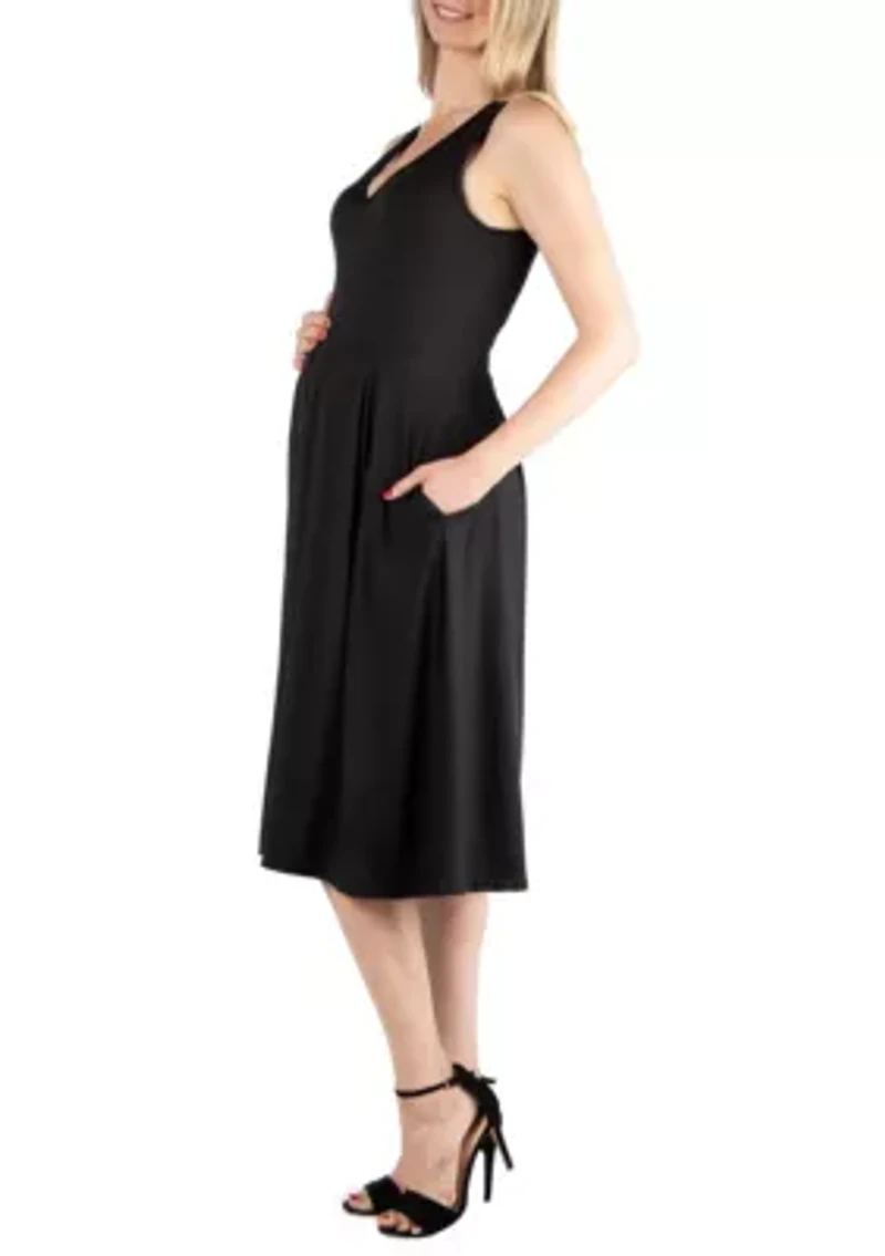 Fit and Flare Sleeveless Maternity Midi Dress with Pockets