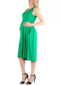 Fit and Flare Sleeveless Maternity Midi Dress with Pockets