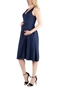Fit and Flare Sleeveless Maternity Midi Dress with Pockets
