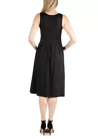 Fit and Flare Sleeveless Maternity Midi Dress with Pockets