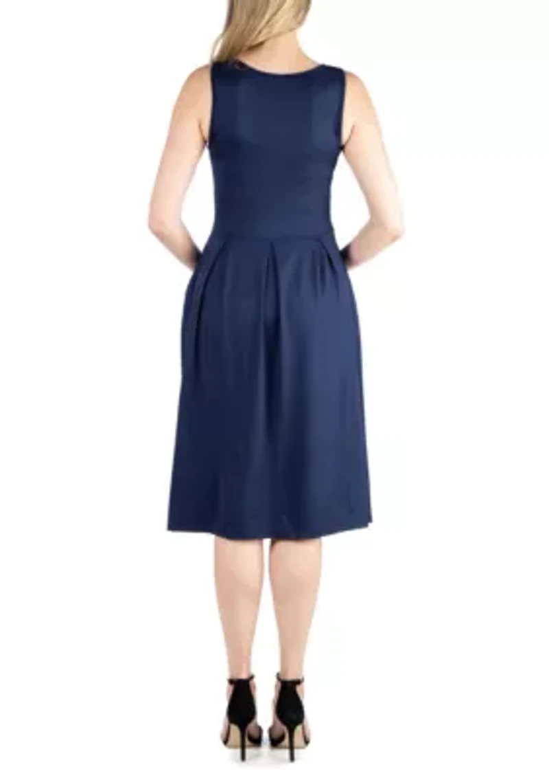 Fit and Flare Sleeveless Maternity Midi Dress with Pockets