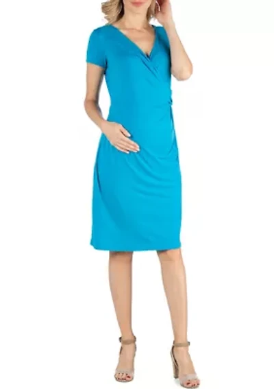 Faux Wrapover Maternity Dress with Cap Sleeves
