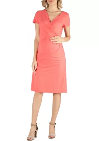 Faux Wrapover Maternity Dress with Cap Sleeves