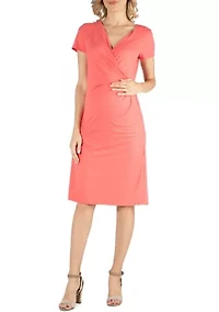 Faux Wrapover Maternity Dress with Cap Sleeves