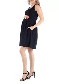 Sleeveless Pleated Maternity Dress with Pockets