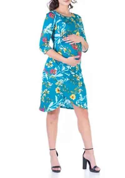 Floral Maternity Elbow Sleeve Ruched Knee Length Dress