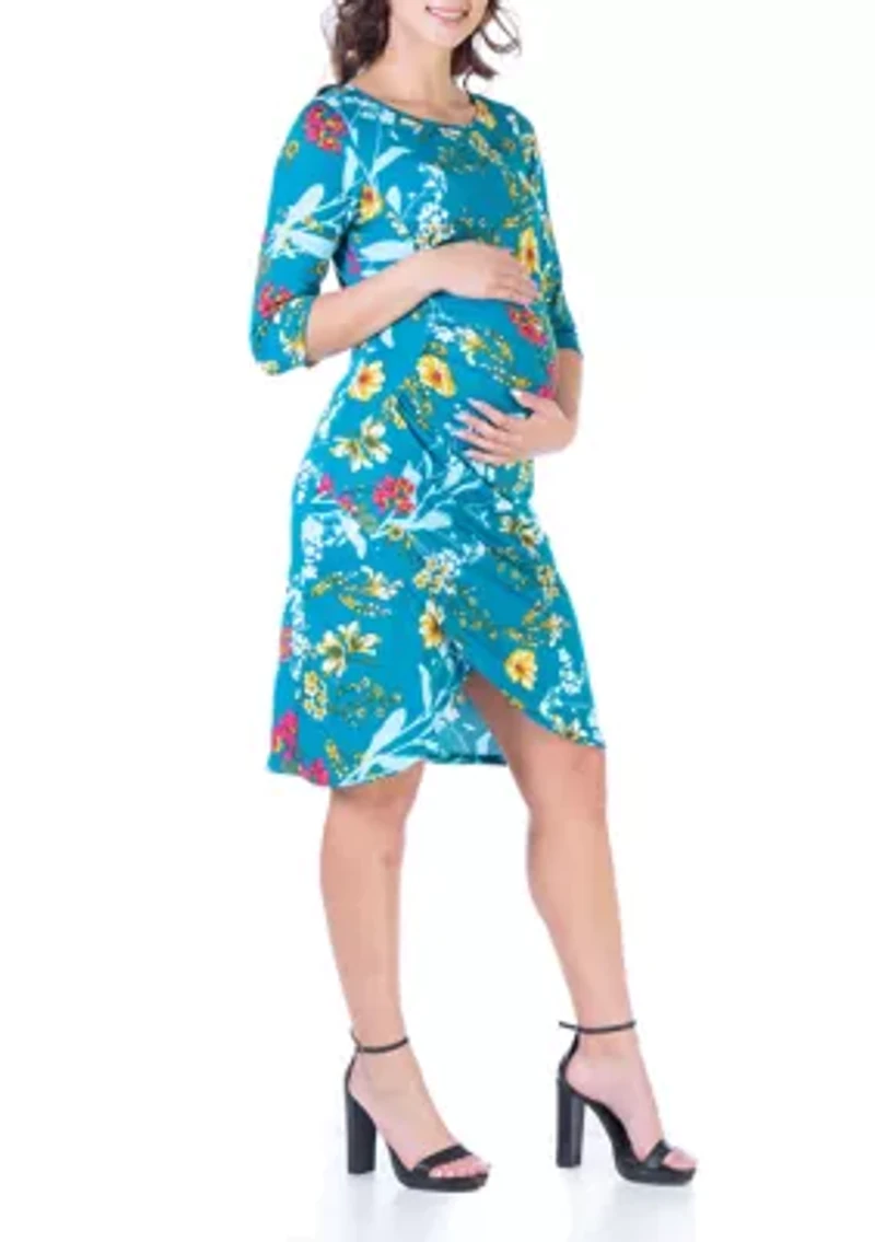 Floral Maternity Elbow Sleeve Ruched Knee Length Dress