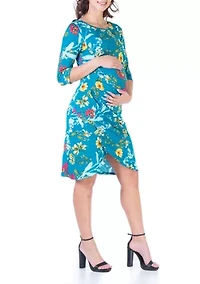 Floral Maternity Elbow Sleeve Ruched Knee Length Dress
