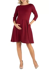 Maternity Knee Length Fit and Flare Dress With Pockets
