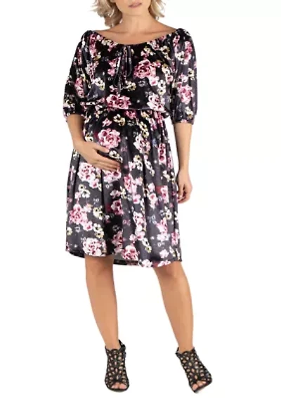 Maternity Floral Off Shoulder Knee Length Black Velvet  Dress