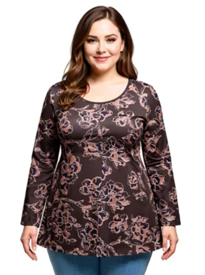 Womens Plus Brown Floral Print Long Sleeve Tunic Top