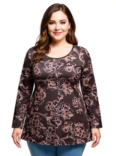 Womens Plus Brown Floral Print Long Sleeve Tunic Top