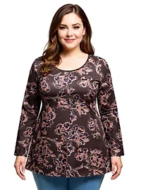 Womens Plus Brown Floral Print Long Sleeve Tunic Top
