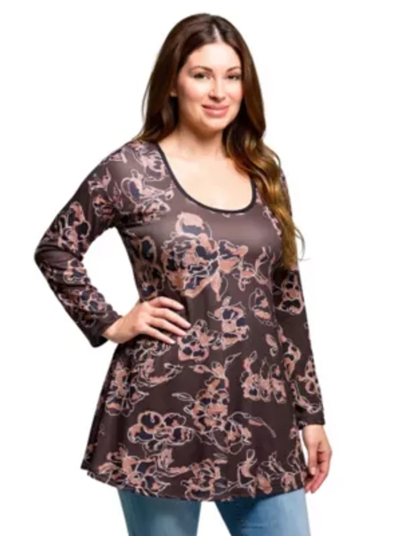 Womens Plus Brown Floral Print Long Sleeve Tunic Top