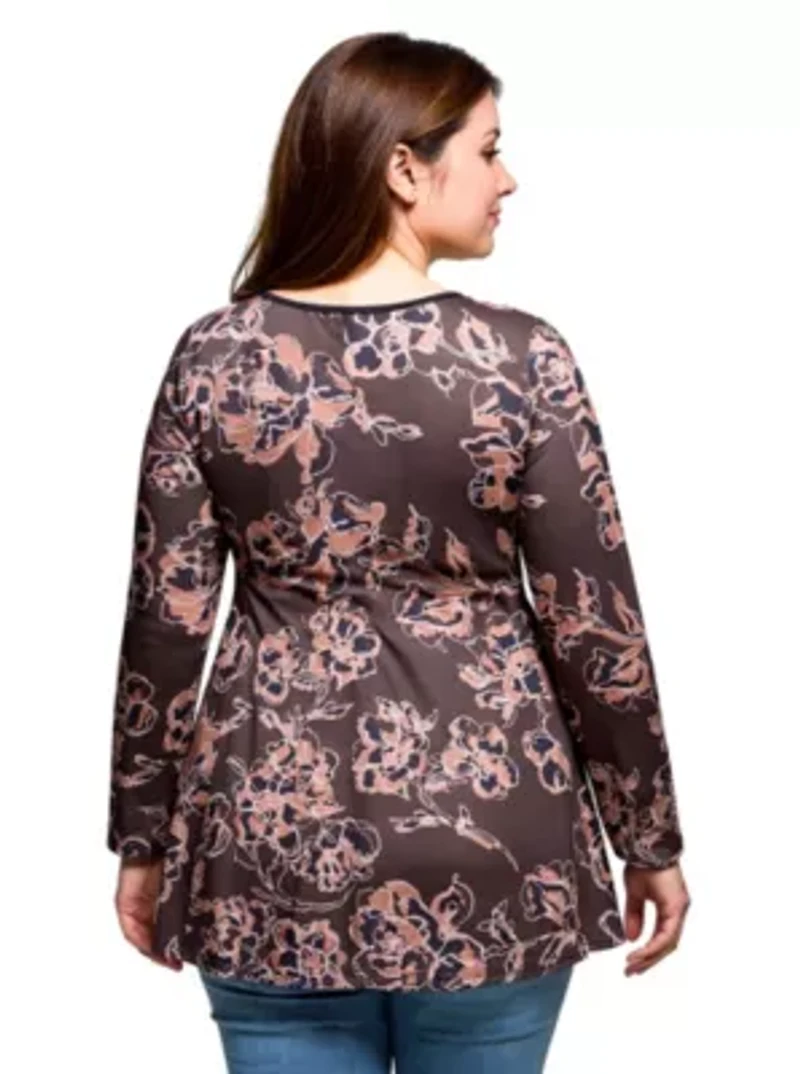 Womens Plus Brown Floral Print Long Sleeve Tunic Top