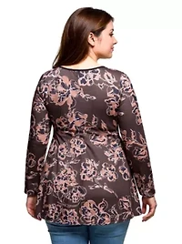 Womens Plus Brown Floral Print Long Sleeve Tunic Top