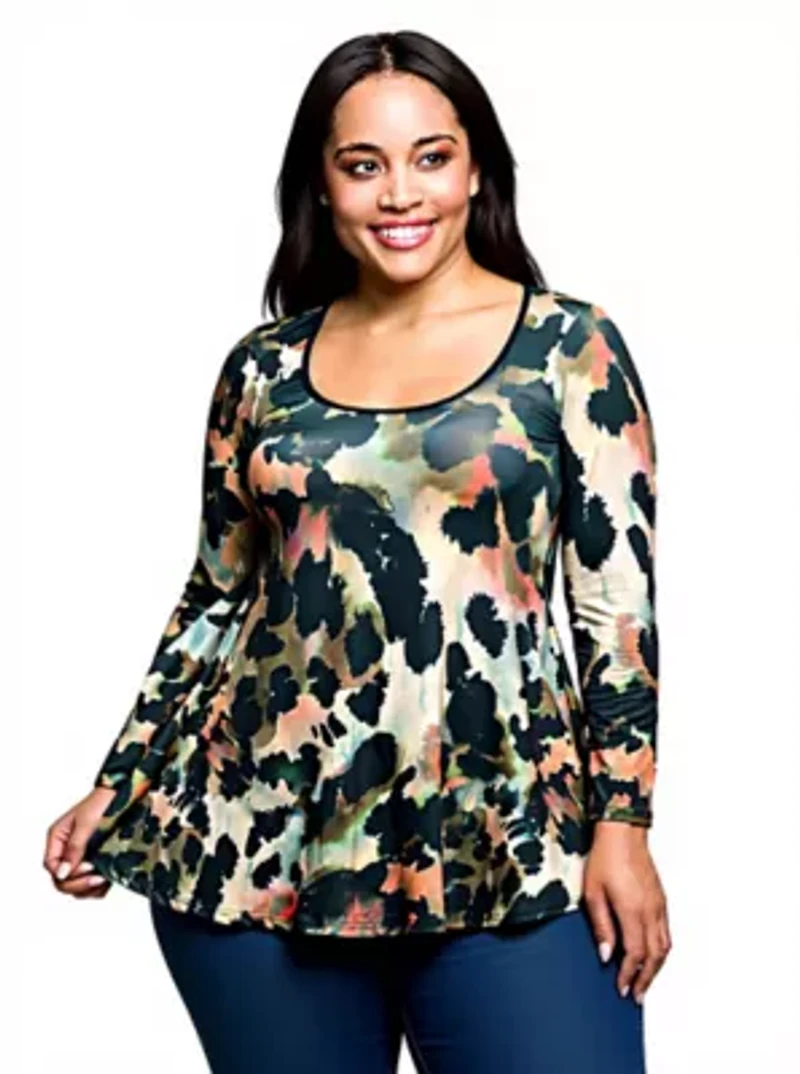 Womens Plus Multiprint Long Sleeve Scoop Neck A Line Top