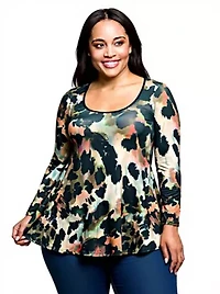 Womens Plus Multiprint Long Sleeve Scoop Neck A Line Top