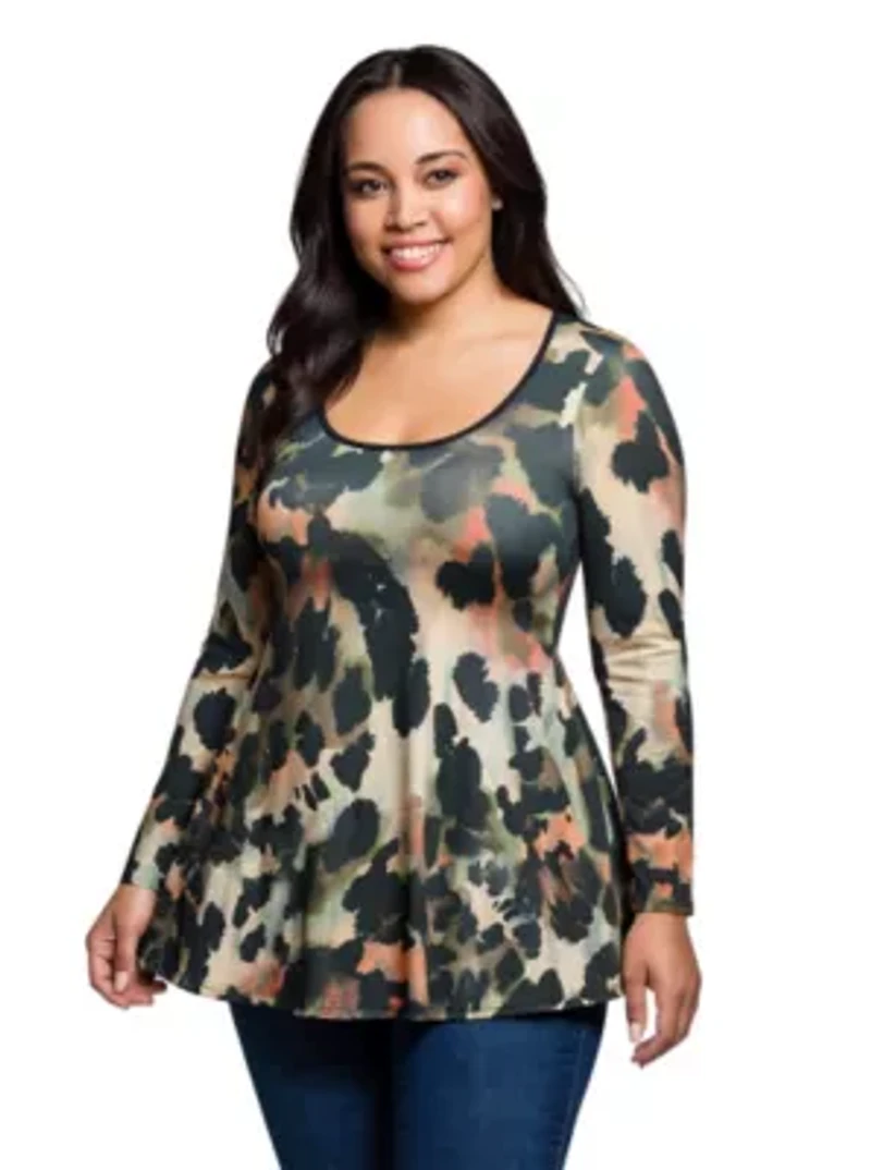 Womens Plus Multiprint Long Sleeve Scoop Neck A Line Top