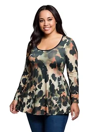 Womens Plus Multiprint Long Sleeve Scoop Neck A Line Top