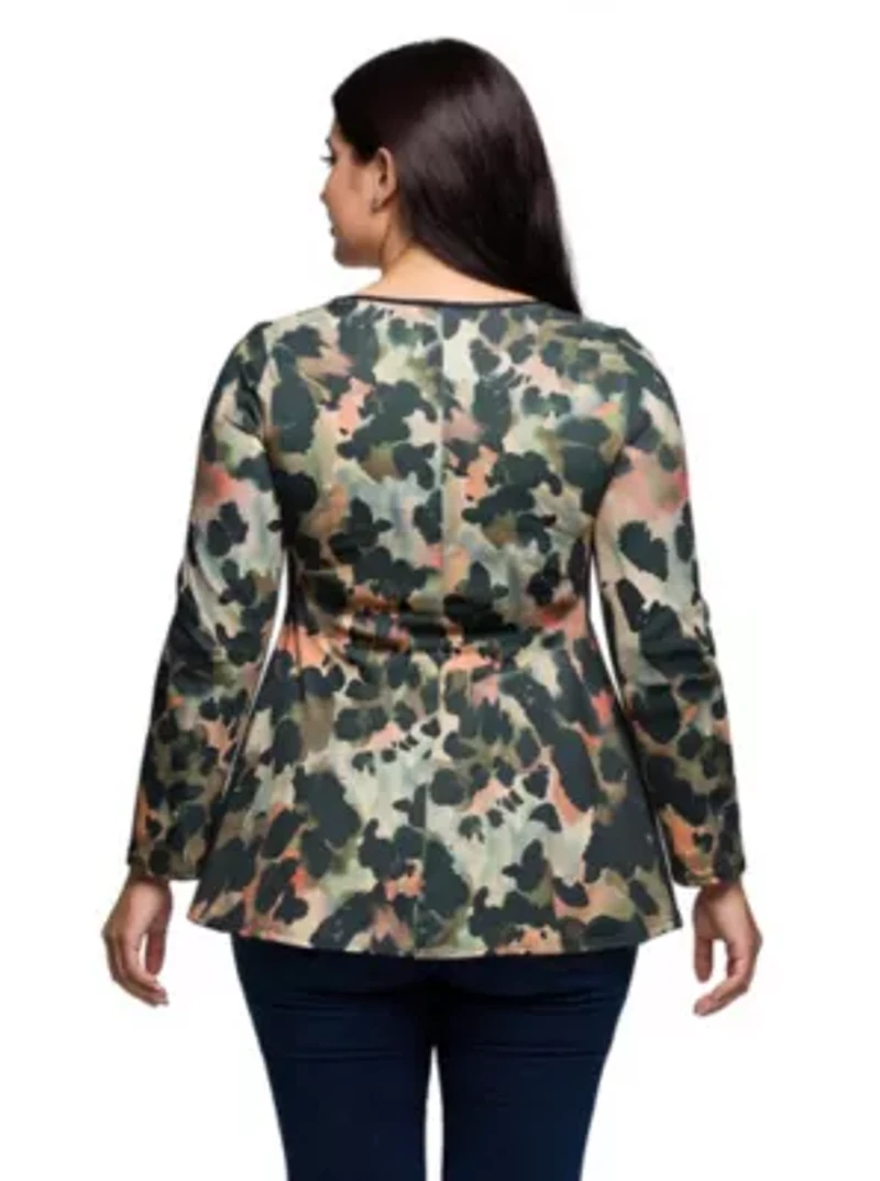 Womens Plus Multiprint Long Sleeve Scoop Neck A Line Top