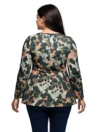 Womens Plus Multiprint Long Sleeve Scoop Neck A Line Top