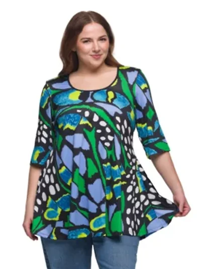 Plus Blue Butterfly Print Elbow Sleeve Casual Tunic Top