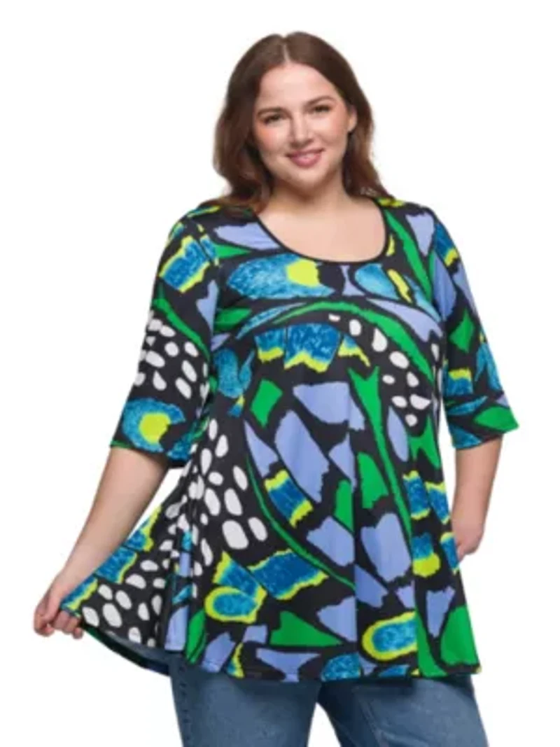 Plus Blue Butterfly Print Elbow Sleeve Casual Tunic Top