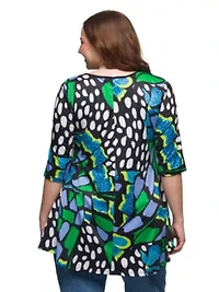 Plus Blue Butterfly Print Elbow Sleeve Casual Tunic Top