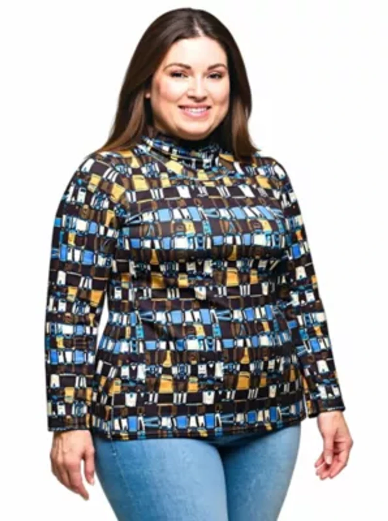 Womens Plus Mock Neck Long Sleeve Printed Top
