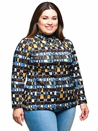 Womens Plus Mock Neck Long Sleeve Printed Top