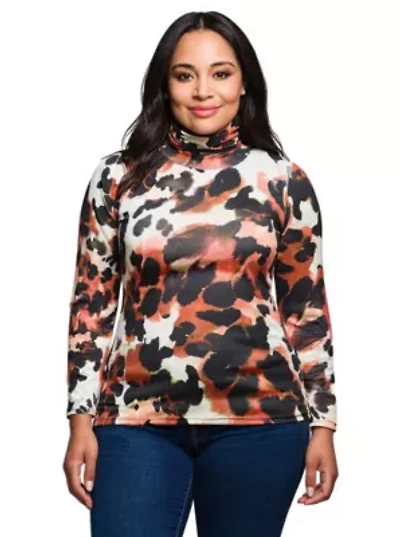 Womens Plus Long Sleeve Turtleneck Top Animal Print