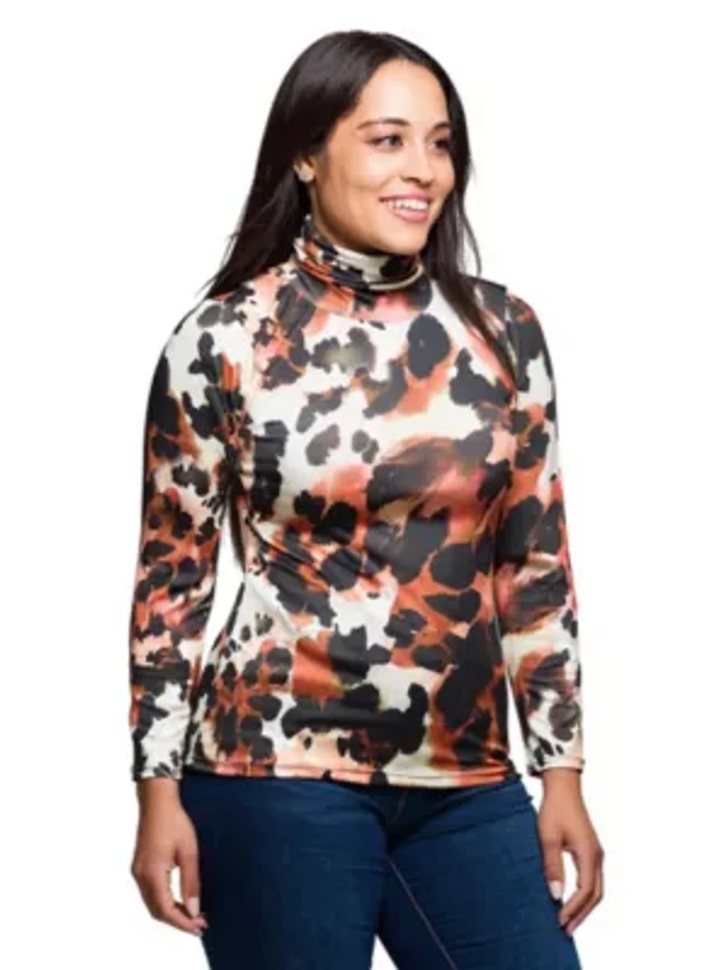 Womens Plus Long Sleeve Turtleneck Top Animal Print