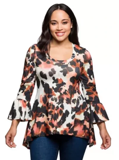 Womens Plus Scoop Neck Bell Sleeve Tunic Top Animal Print