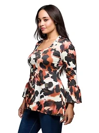 Womens Plus Scoop Neck Bell Sleeve Tunic Top Animal Print