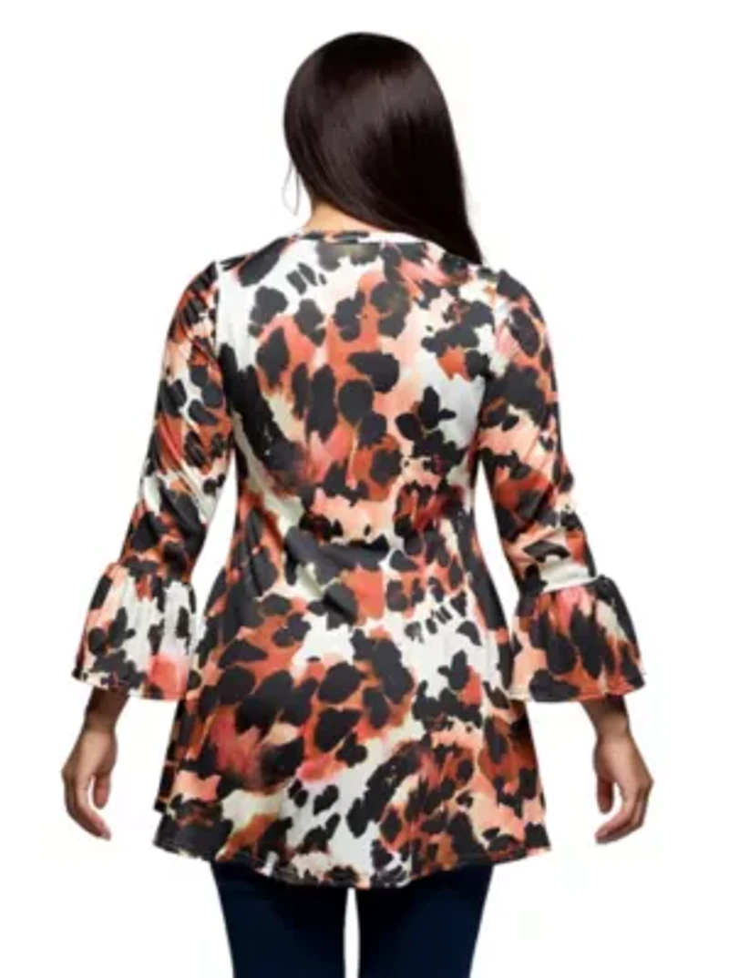 Womens Plus Scoop Neck Bell Sleeve Tunic Top Animal Print