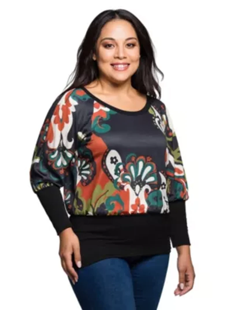 Womens Plus Paisley Multicolor Print Dolman Sleeve Banded Top