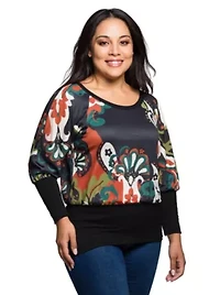 Womens Plus Paisley Multicolor Print Dolman Sleeve Banded Top