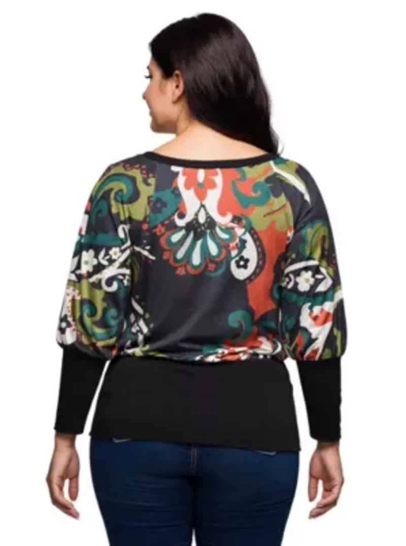 Womens Plus Paisley Multicolor Print Dolman Sleeve Banded Top