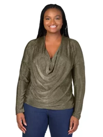 Plus Cowl Neck Long Sleeve Shimmery Fabric Top