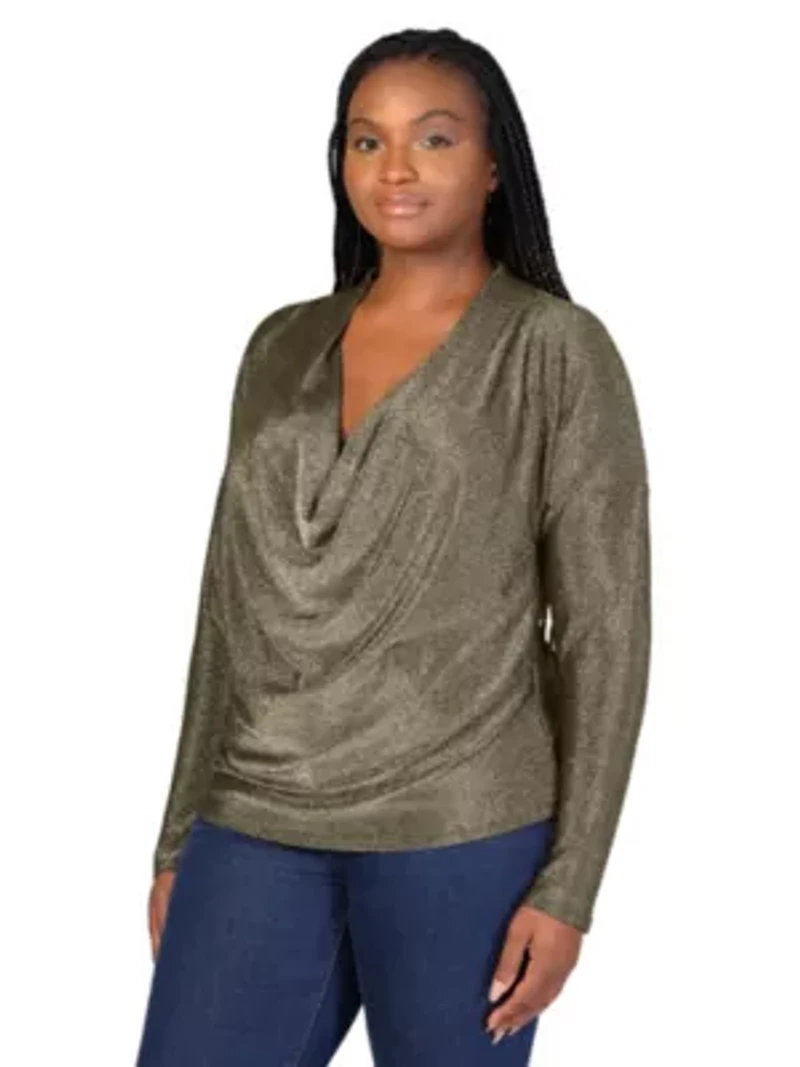 Plus Cowl Neck Long Sleeve Shimmery Fabric Top