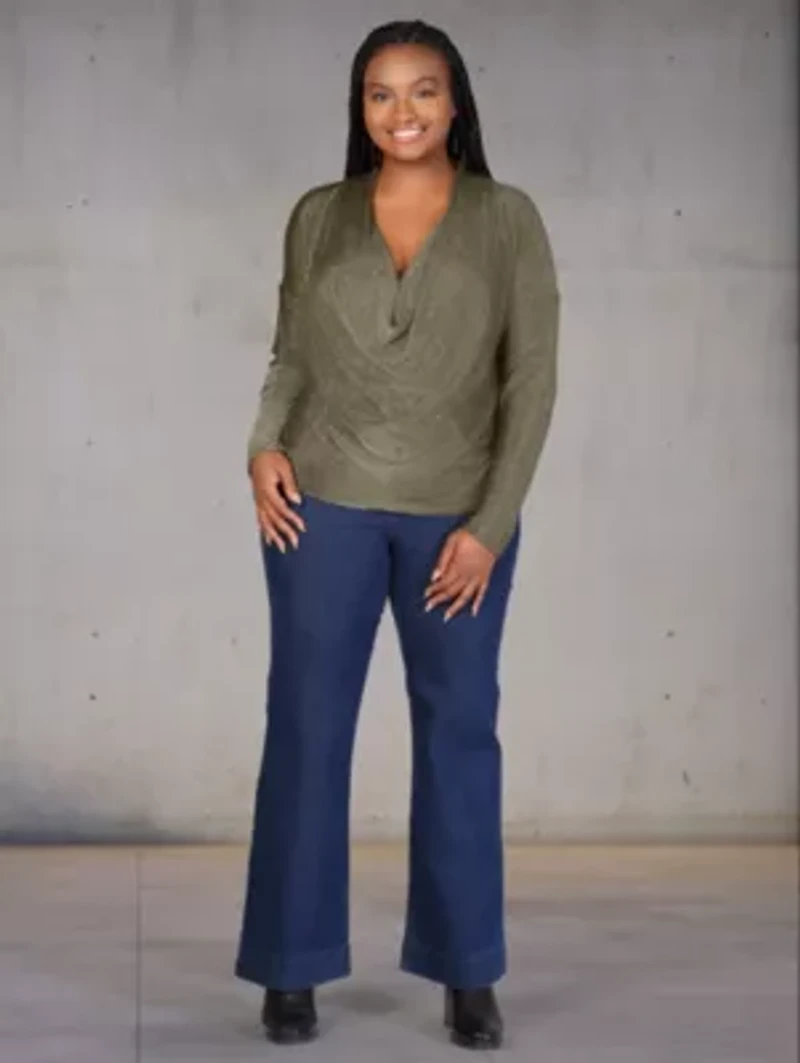 Plus Cowl Neck Long Sleeve Shimmery Fabric Top