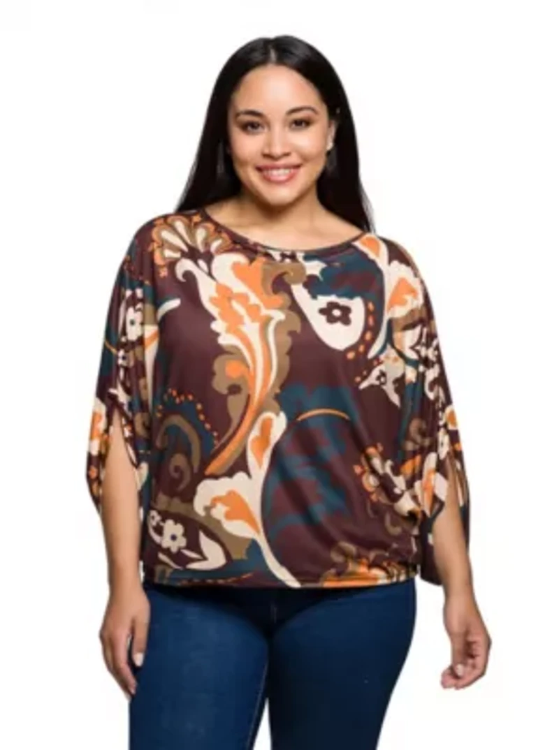 Womens Plus Brown Paisley Print Dolman Sleeve Top