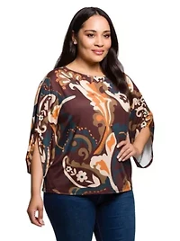 Womens Plus Brown Paisley Print Dolman Sleeve Top